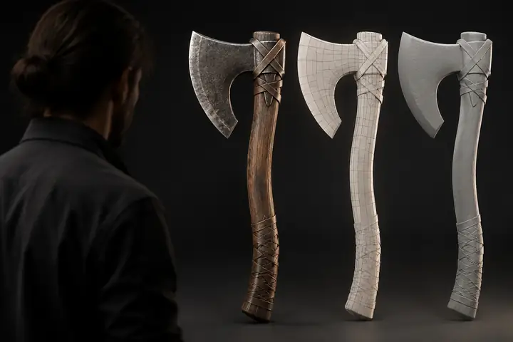 Quad remeshed 3D axe