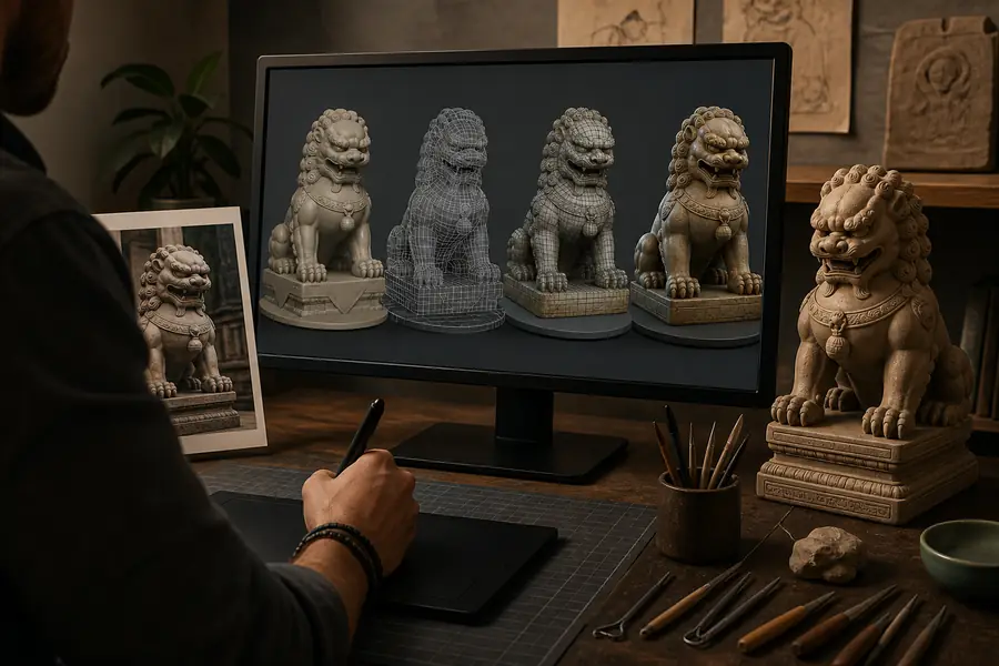 Reference image moving through an image-to-3D workflow