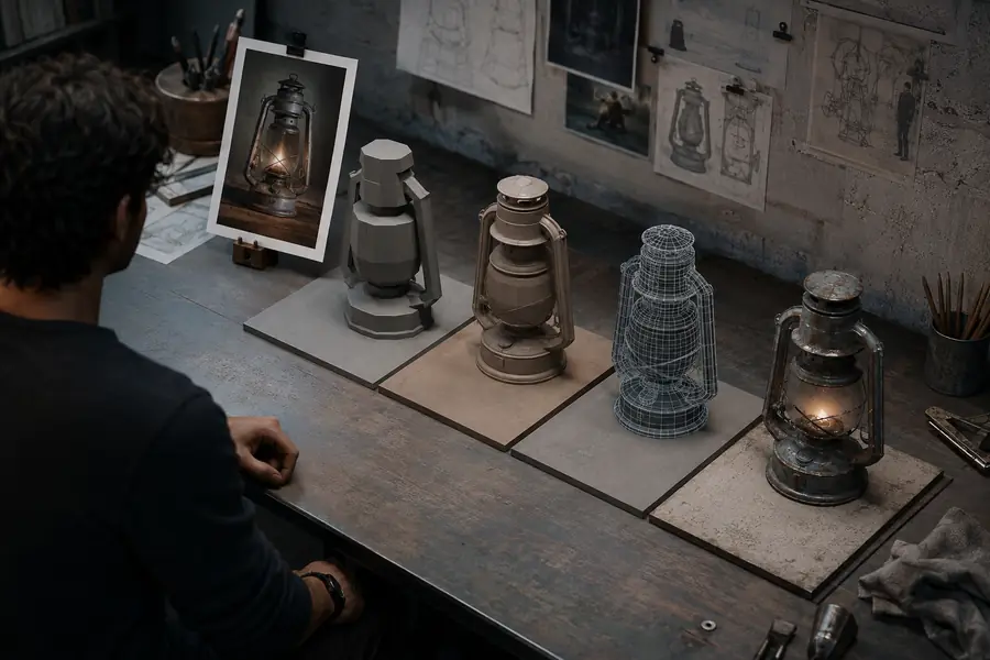 A reference image moving through a multi-step 3D workflow