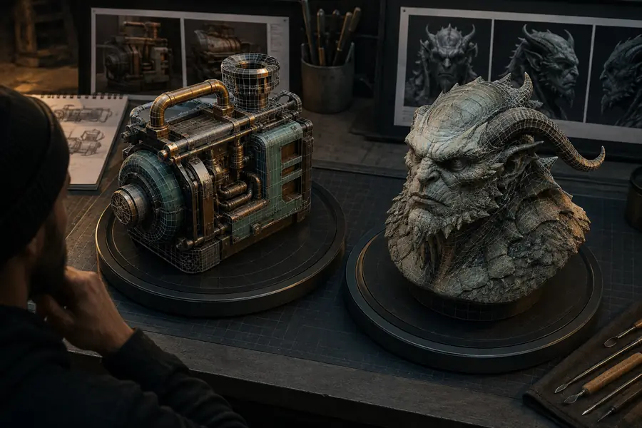 Side-by-side comparison of AI-generated 3D assets