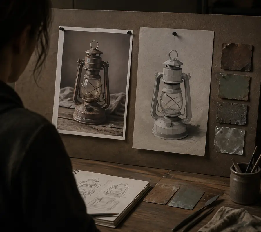 Reference image and early AI-assisted 3D workflow