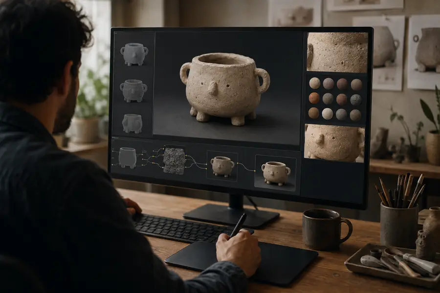 A 3D model creation workflow shown in a studio interface