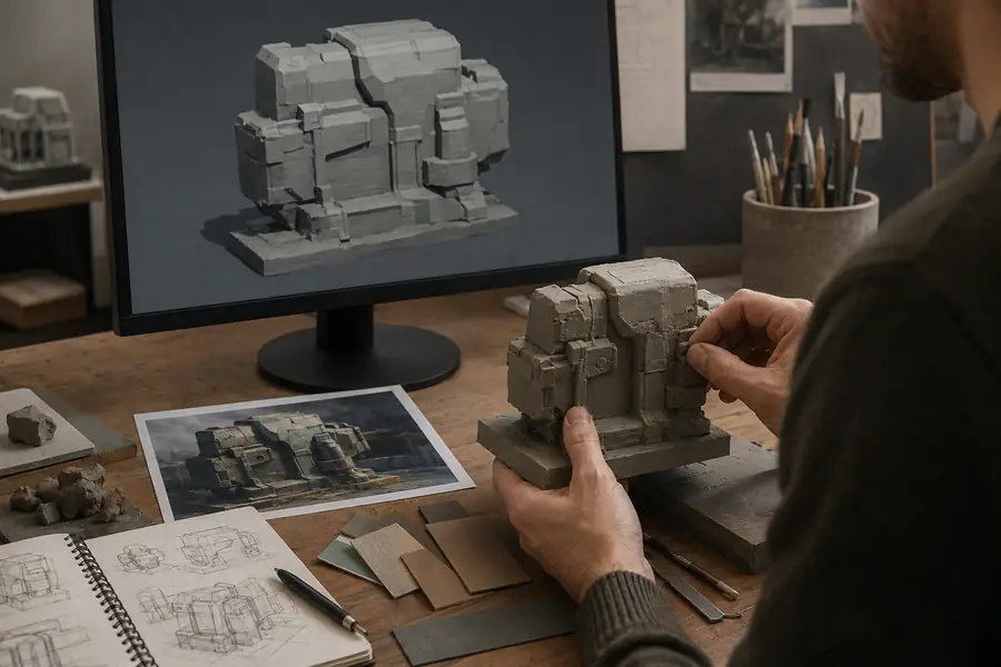 An early AI-assisted 3D workflow with a rough generated asset