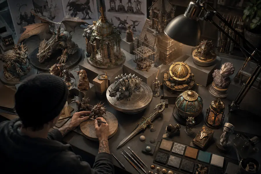 AI-generated 3D assets arranged in a creative workspace